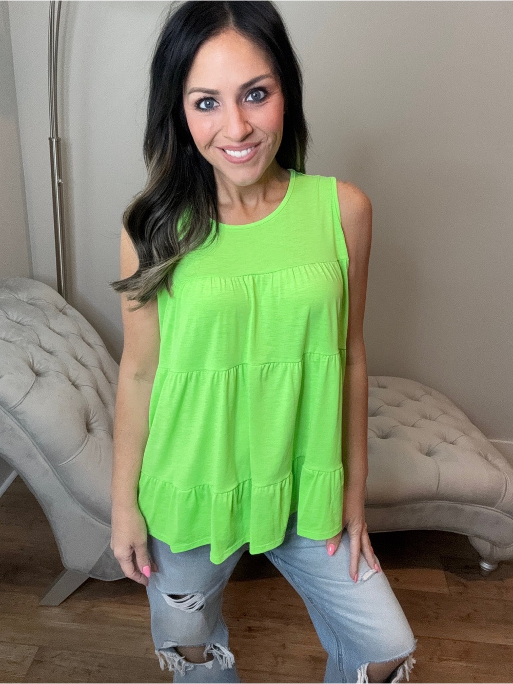S-XL HEIMISH USA Neon Lime Tiered Sleeveless Tank